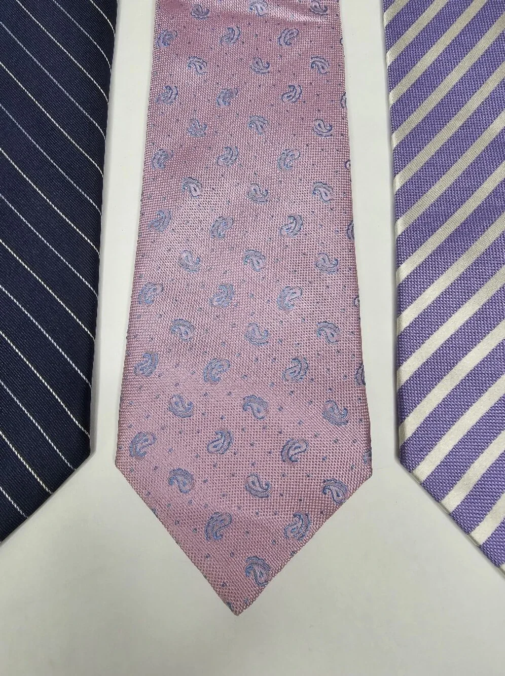 Bundle Of 3 100% Silk Ties Textured Navy Stripe Pink Paisley Purple Diagonal